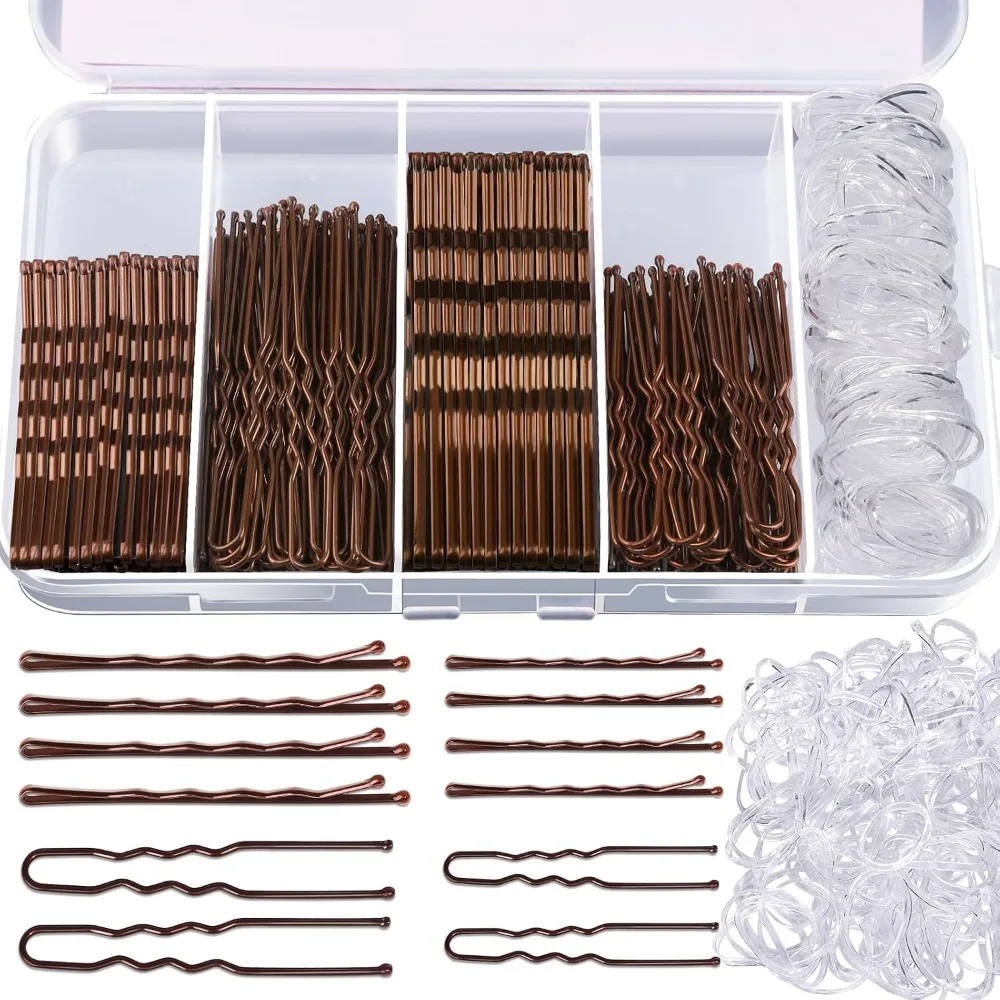 300 Pieces Bobby Pins and Hair Bands Kit for Women, Professional Hair Pin Set for Buns, Braids, Updos and Styling, Includes 100 Brown Bobby Pins, 100 U-Shaped Hair Pins and 100 Elastic Hair Bands, Ass