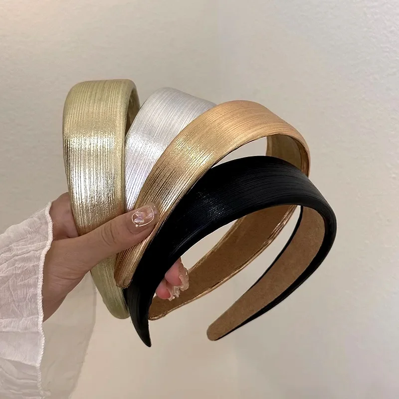 Korean Style Wide Leather Hairbands Shiny Gold Silver Pu Headbands Fashion Plain Sponge Hair Hoop Women Hair Clip Retro Headwear