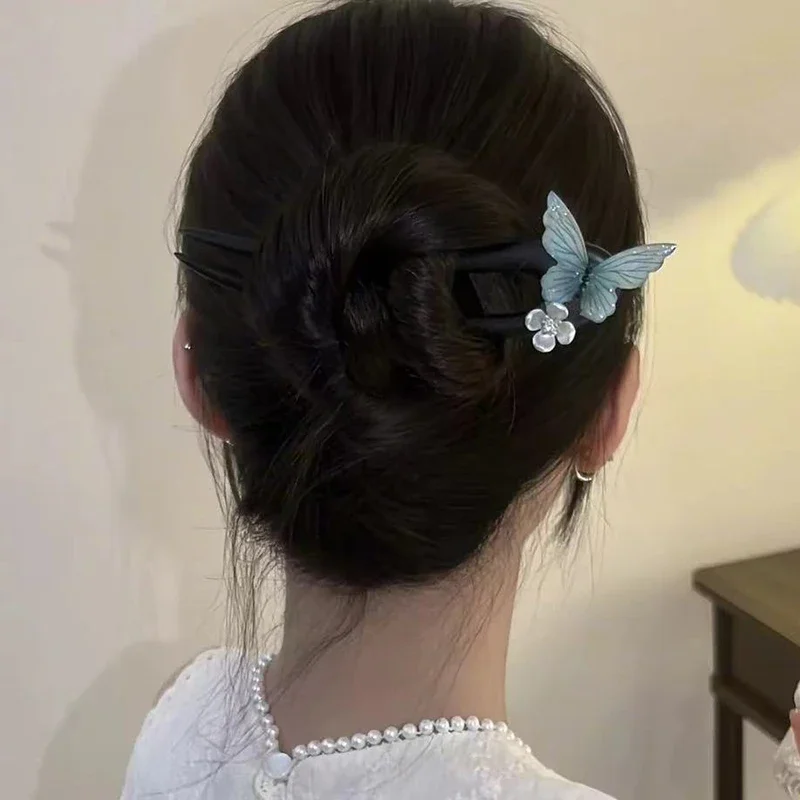 Blue Butterfly Flower U-Shaped Hairpin Chinese Style Exquisite Vintage Wooden Chignon Pin Daily