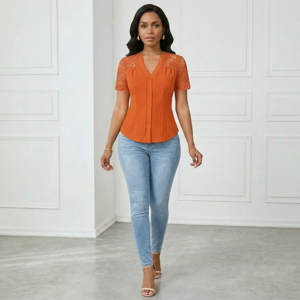 Lace Splicing Design Shirt Tops Women’s V-neck Lace Blouse Short Sleeve Hollow Splicing Top Slim Fit Shirt for Work Party