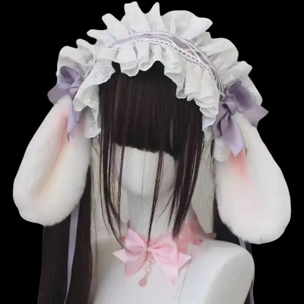 Goth Bunny Ear Bow Hair Bands Harajuku Gothic Lolita Y2K Girl Rabbit Ears Hair Band Punk Lace Ruffled Headband Hair Hoop Head Band Haar Accessoires Women Hairband