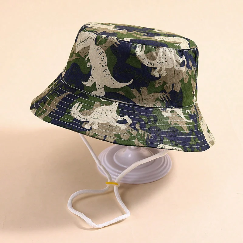 Camouflage Dinosaur Kids Fisherman Hat Summer Drawstrings Wide Brim Bucket Hats For Baby Outdoor Boys Girls Sunscreen Basin Cap