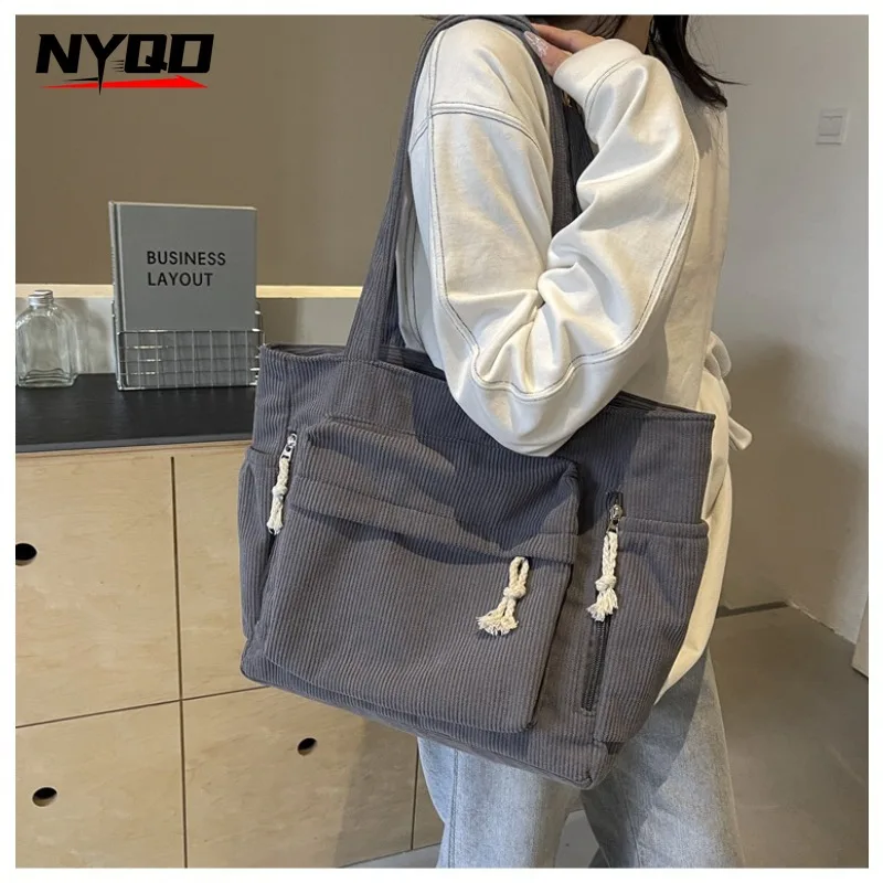 Retro Corduroy Women Handbags Simple Solid Color Multi Pockets Large Capacity Versatile Shoulder Bag  Commute Travel Shopping