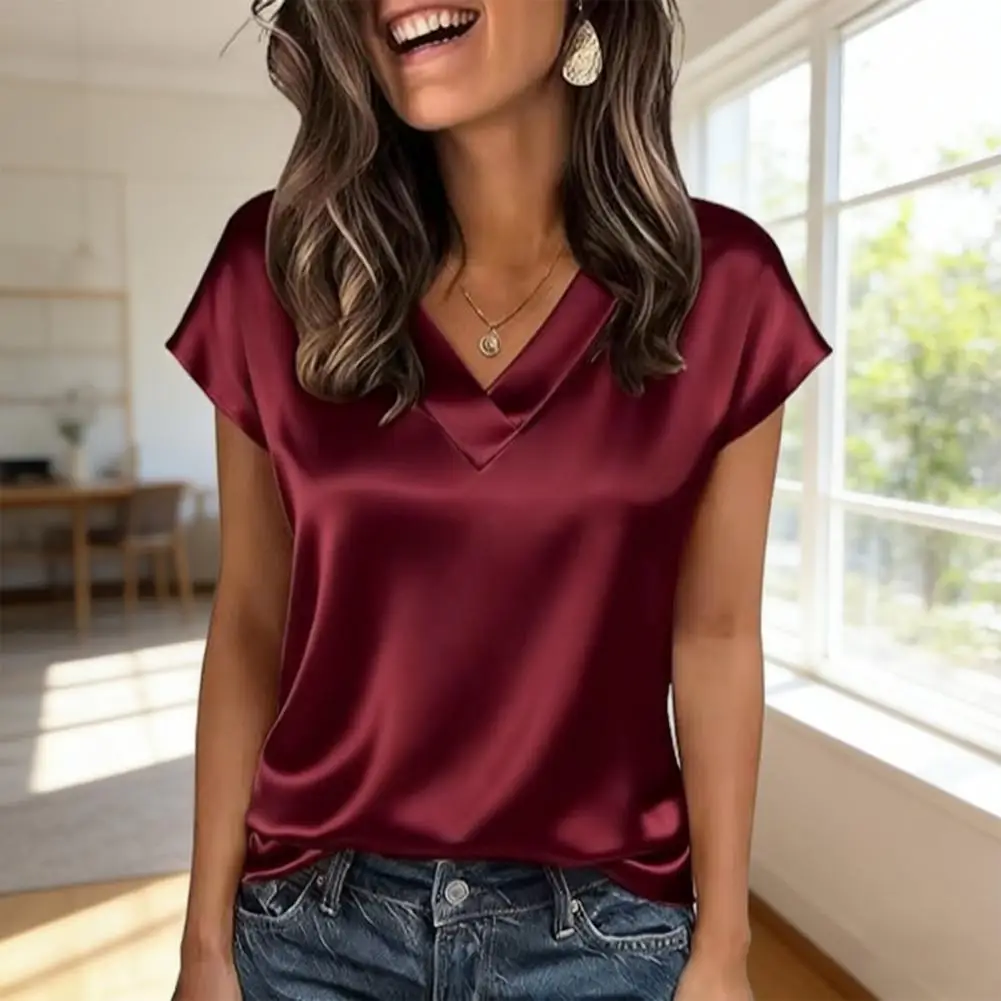New 2026 Summer Women Fashion Blouses Casual Solid Elegant Ladies V-Neck Short Sleeve Shirts Trendy Simple Loose Woman Satin Top