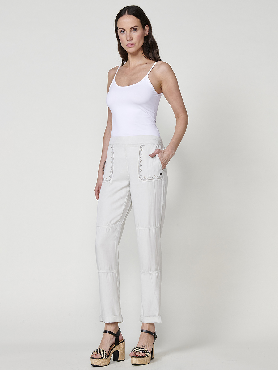 Koroshi - Pantalón jogger mujer de lyocell 100 % con cenefa bordada artesanal, tiro alto y caída fluida para verano