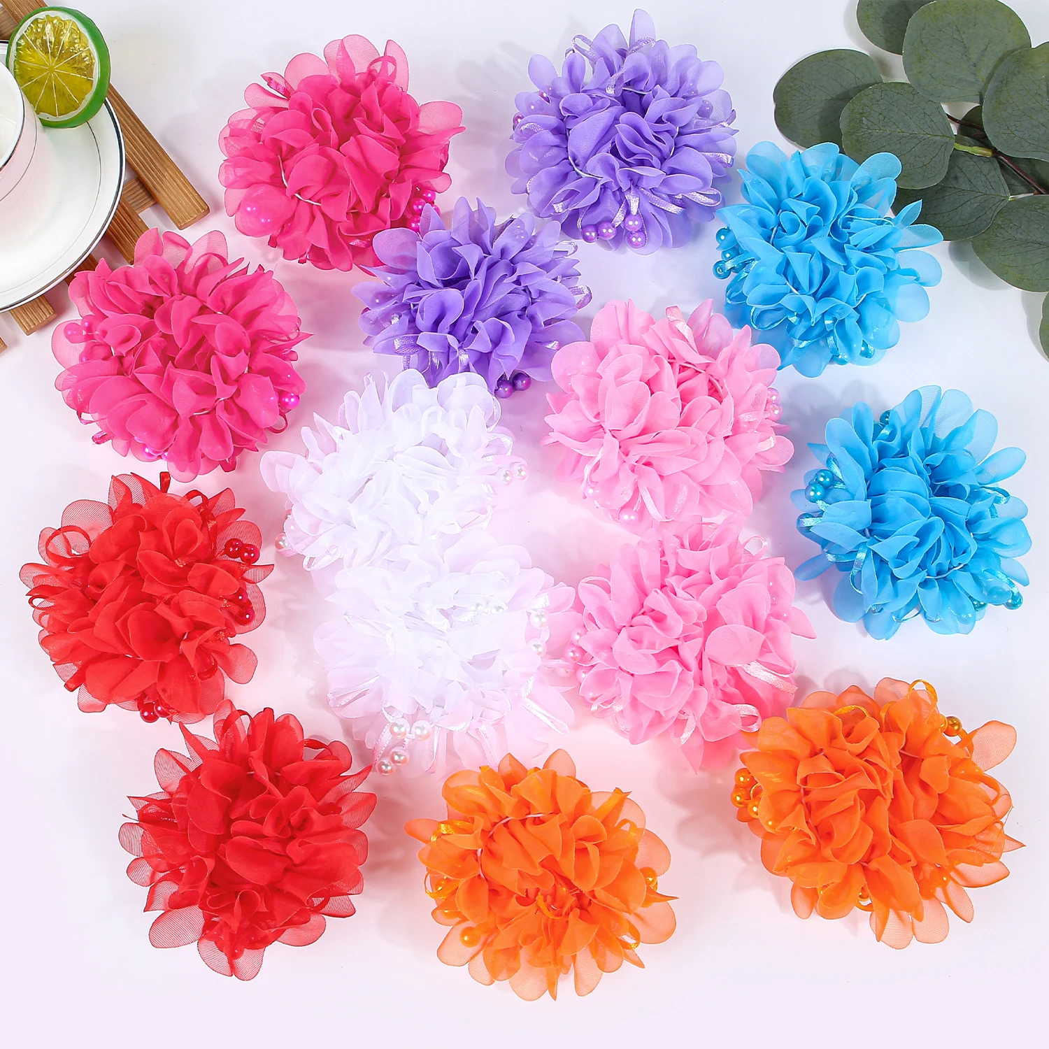 2/7pcs Girls Flower Hair Ties Ponytail Holder Elastic Hair Bands Kids Hair Accessories Chiffon Floral Hair Tie Children Headwear