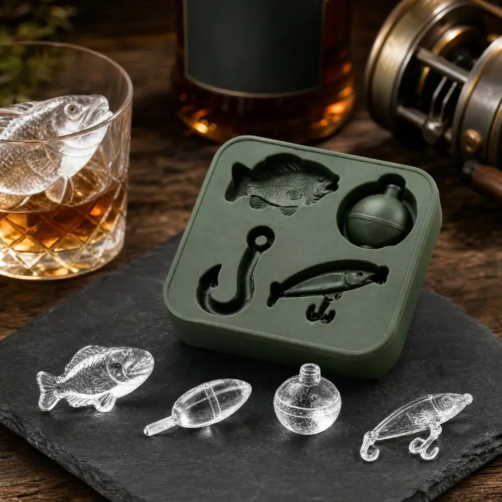 Fishing Theme Ice Cube Mold Silicone Ice Cube Mold Set 3d Hook Float Shapes Reusable Fish Bait Tray for Whiskey Wine Bar Use