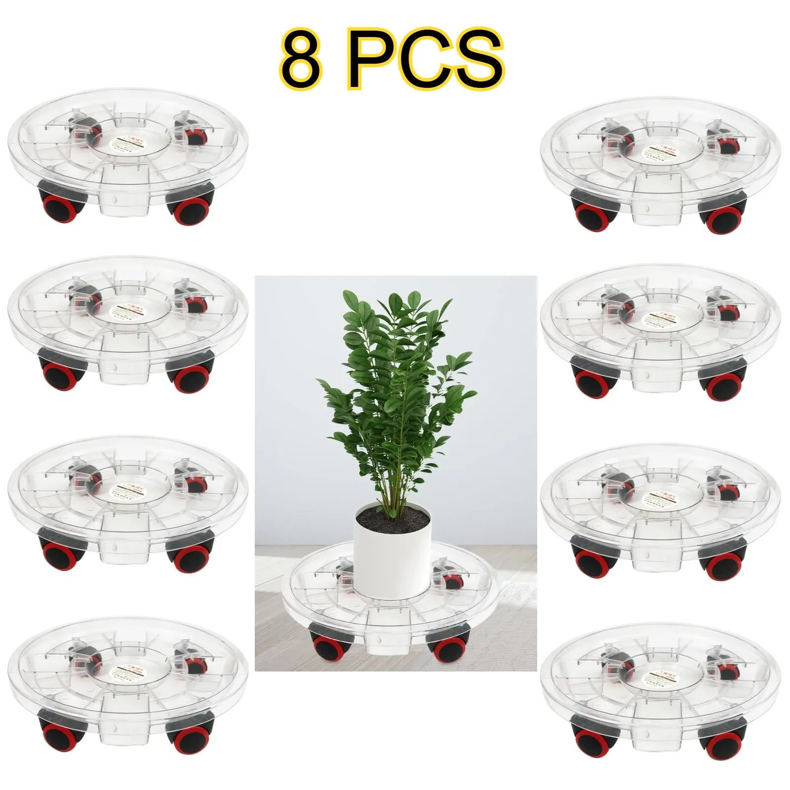 8 Pcs Heavy Duty Clear Plastic Plant Caddy with Wheels,  Water Collection Plant Dolly Stand for Indoor Outdoor Large Potted Plants, Patio, Deck, Balcony & Garden