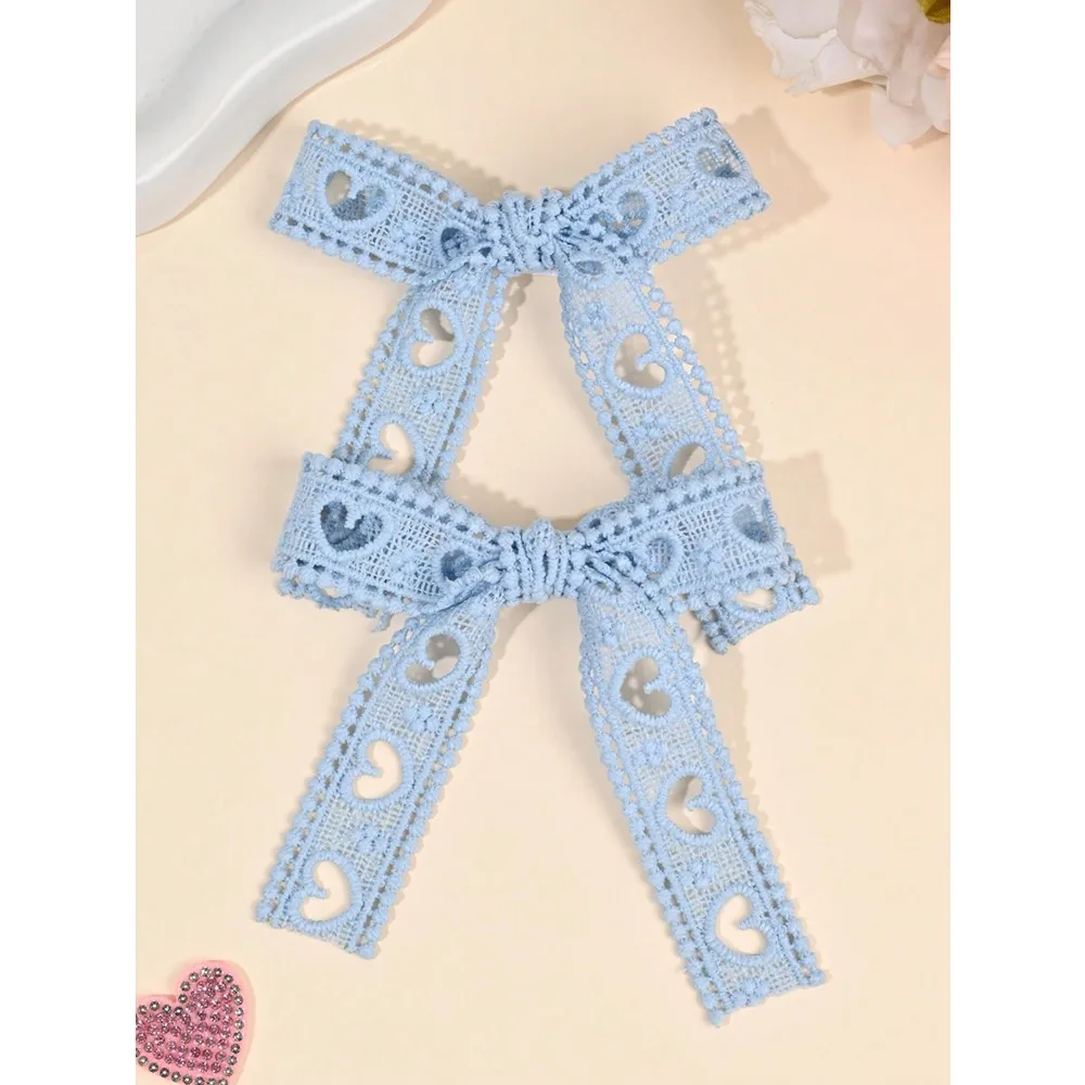 2pcs Beige Lace Hair Bows For Girls Sweet Heart Bow Hair Clips With Tail Elegant Bow Hair Barrettes For Daily Party & Holiday Teens Hair Accessories