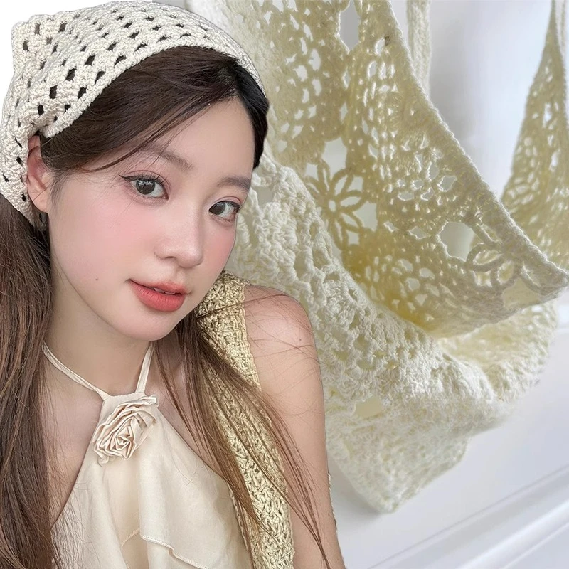 French Hollow Triangle Headband Towel For Women Beige Crochet Headbands Bandana Summer Travel Literary Photo Hair Scarf Bands