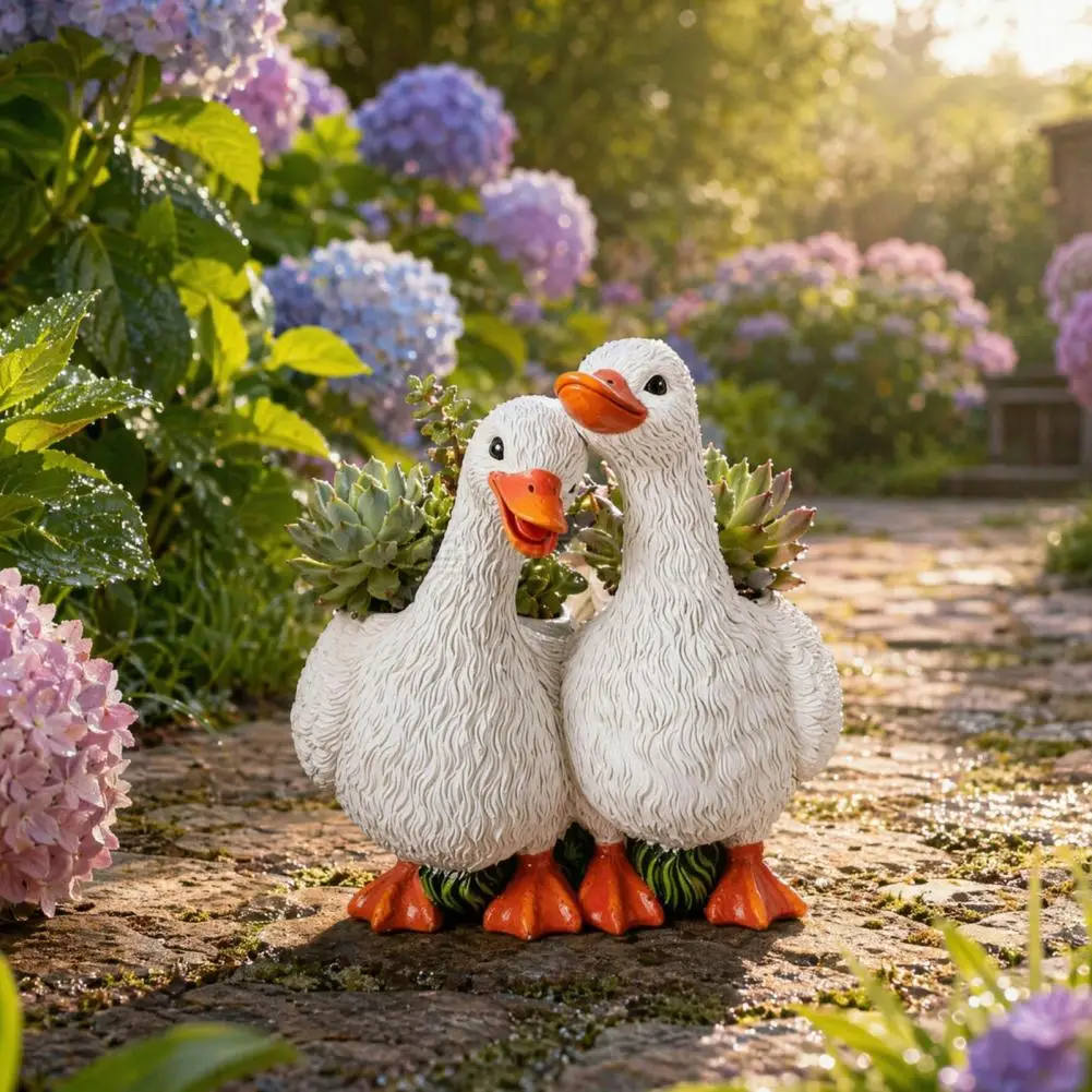 Healing Atmosphere Planter Resin Flowerpot Set Couple Duck Shape Planters with Drainage Holes Non-slip Base Decorative Indoor
