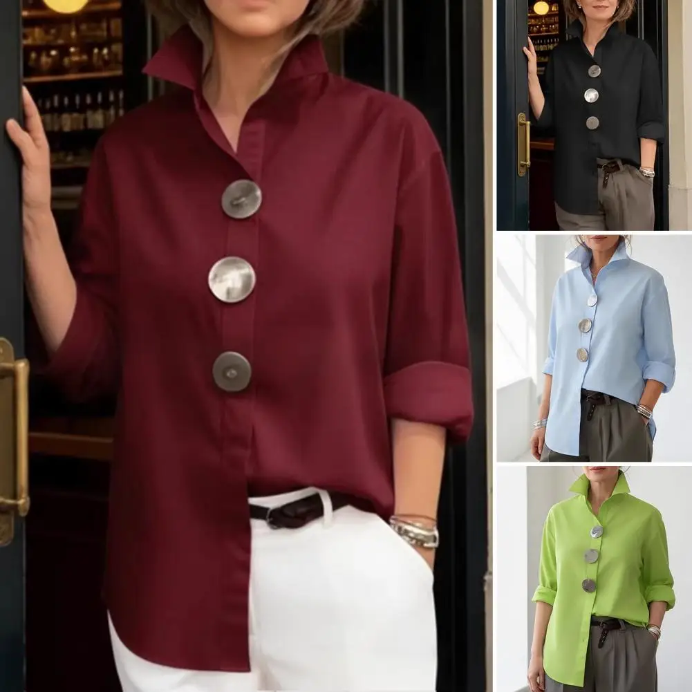 Women's Chic Three Buttons Shirt Long Sleeve Elegant Oversize Blouse Vintage Spring Basic Top Collar Vacation Shirt For Women