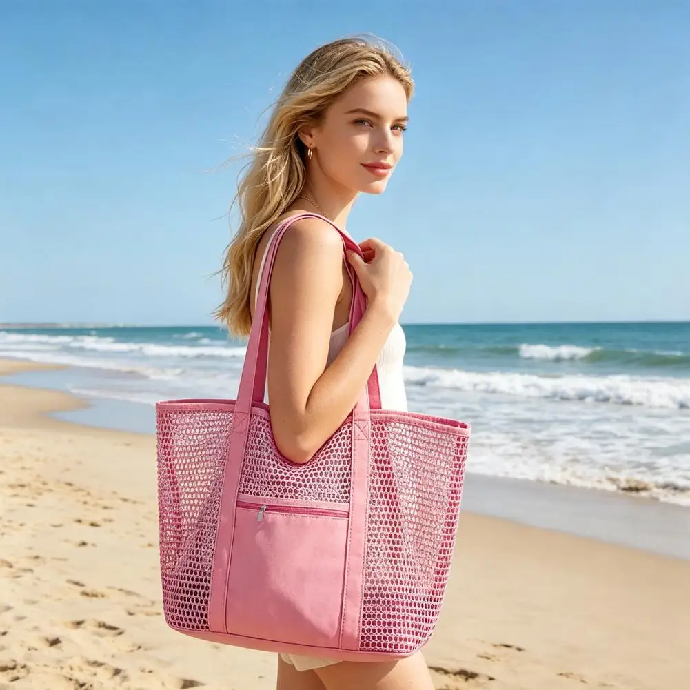 Stylish Shoulder Bag Sandproof Breathable Beach Bag with Zippered Pocket, Summer Travel Tote Bag for Holiday Daily Use