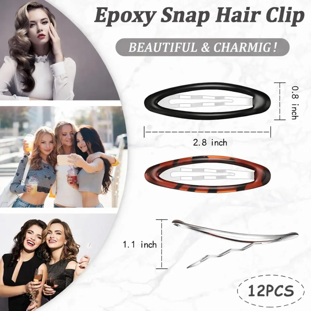 Oval Snap Hair Clips for Women 12 Pcs Tortoise Metal Barrettes Thin Hair Grip Non Slip Ellipse Clips Fresh Style Hair Accessories