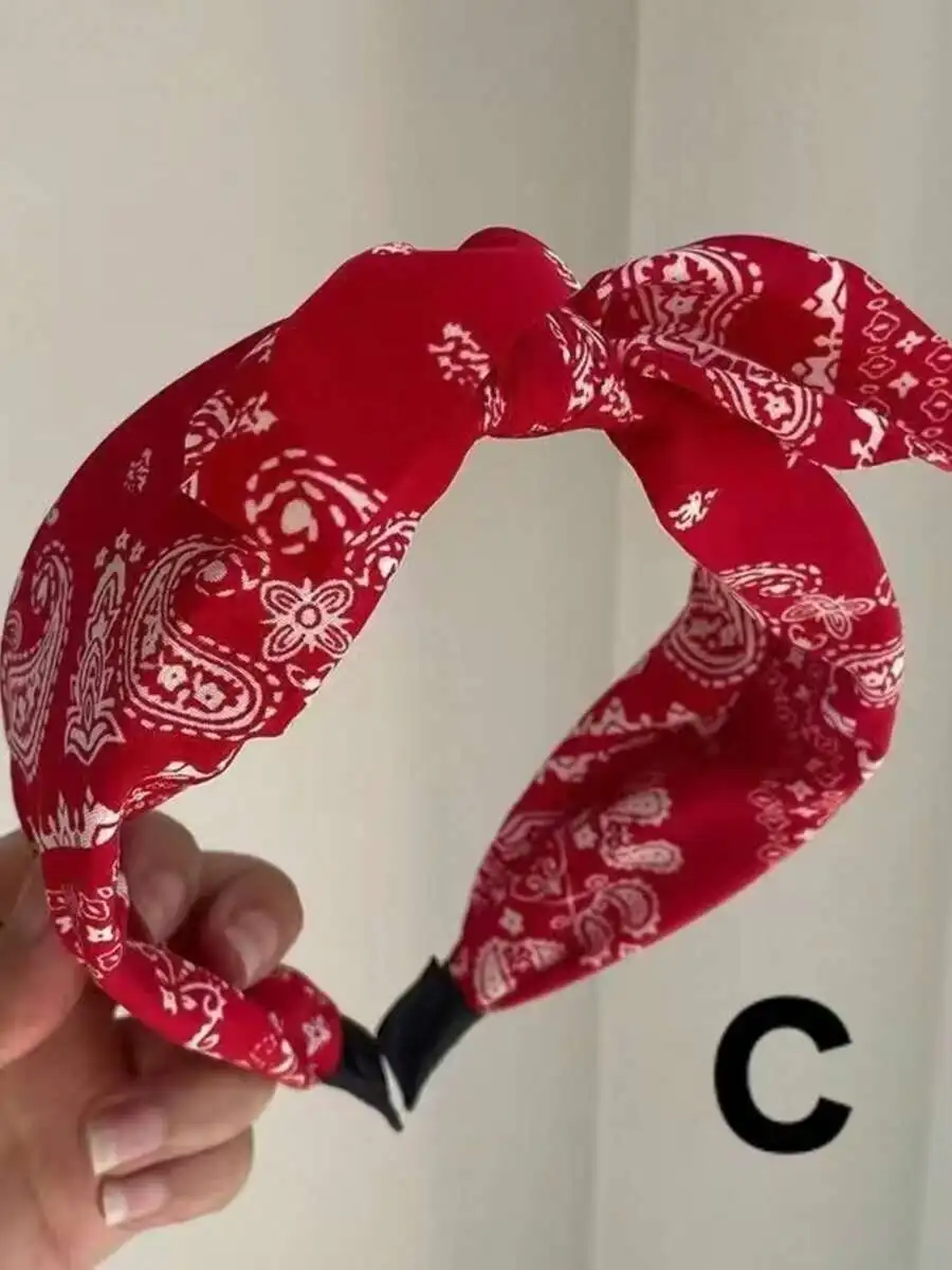 Red Paisley Bow Knot Wide Fabric Headband For Women Summer Festival Travel Hair Accessory