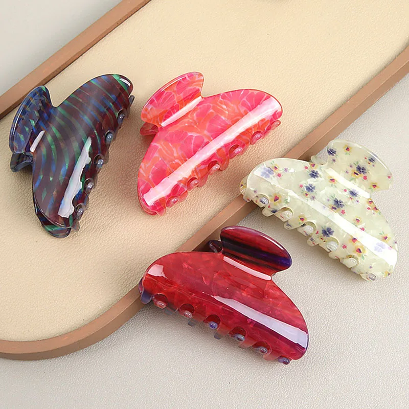 Vintage Acetate Hair Shark Clip Vintage Flower Hair Claw Barrettes Female Temperament Print Hair Clips Colorful Hair Accessories