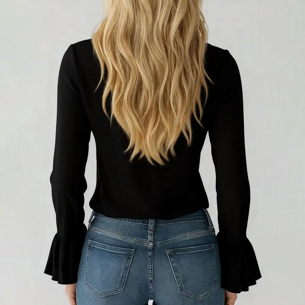 French Shirt Women Elegant Ruffled Solid Color Sexy V-neck Trumpet Sleeve Shirt Sweet Casual Daily Long Sleeve Blusas De Mujer