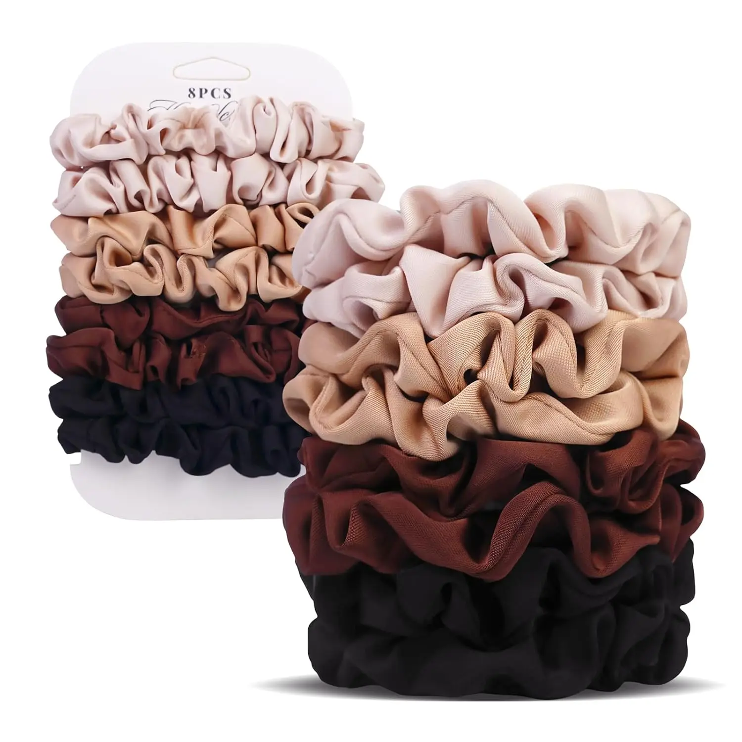 Ultra-Petite Satin Scrunchies for Women – 8PCS Neutral No Damage Hair Ties (Black, Blonde, Dark Brown, Light Brown) – No Crease,