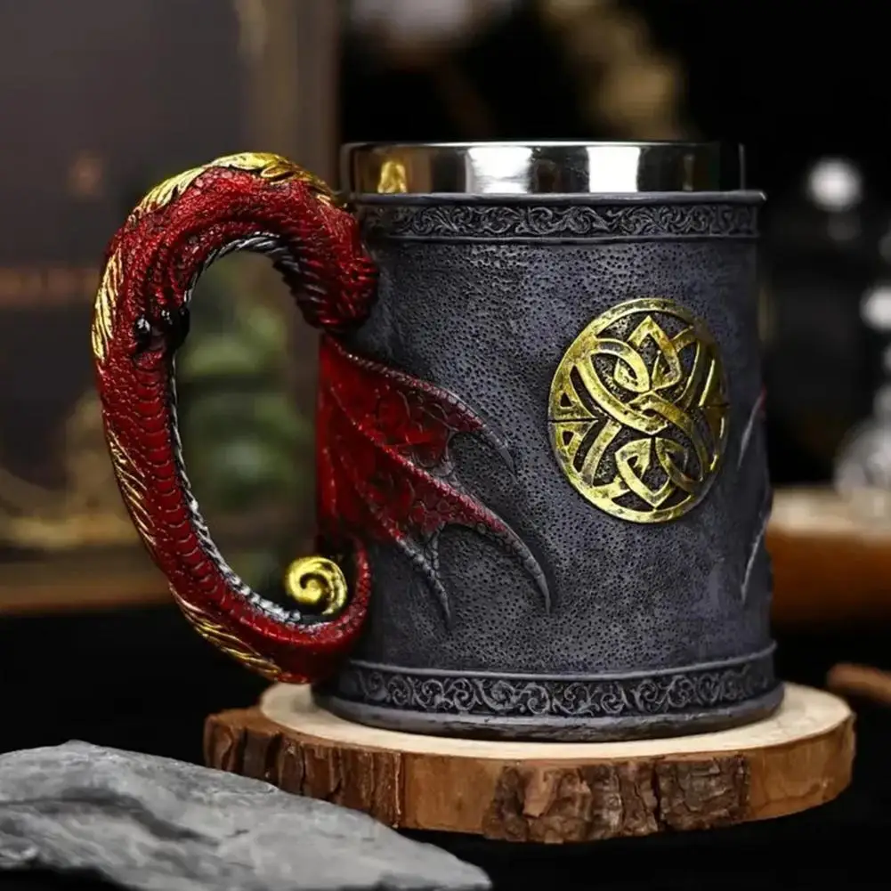 Mythical Dragon Drinkware Stainless Steel Beer Mug 600ml Retro Tankard Dragon Resin Coffee Cup Fantasy Tumbler for Pub Bar Decor