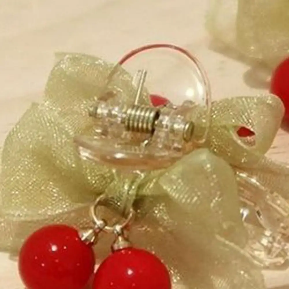 Fruit Style Hair Clip Gentle Non-Harmful Design Hair Clip Green Gauze Bow Red Beaded Cherry Hair Accessory