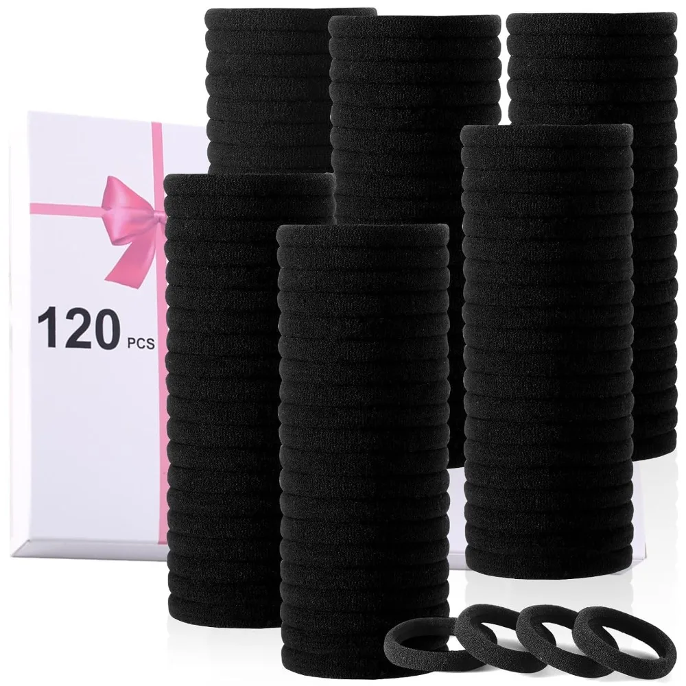 120PCS Bulk Black Hair Ties for Thick Hair Strong Hold No Damage Seamless Elastic Ponytail Holders Nylon Hair Elastics for Women and Girls Perfect for Daily Use Workout Gym Sports and Fashion Hairstyl