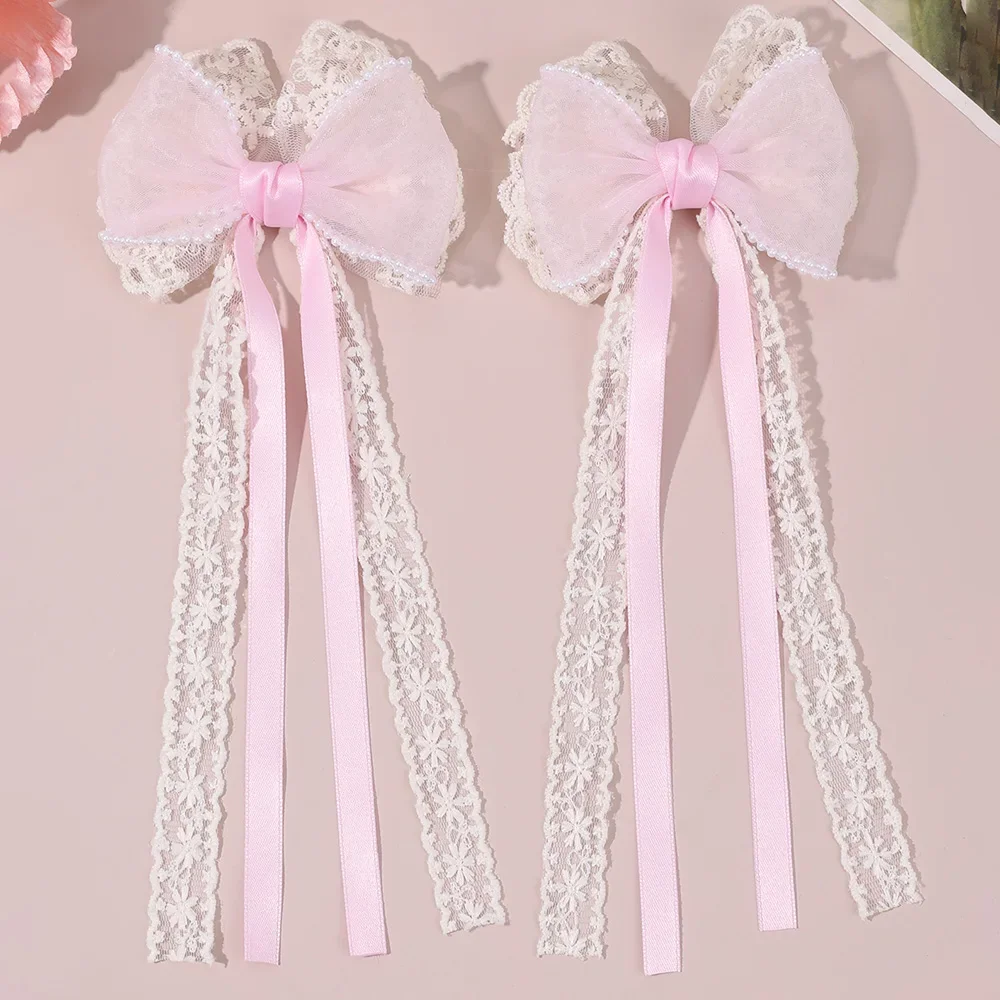 2Pcs Beige Lace Bow Hair Clips with Long Ribbon Elegant Pearl-trimmed Chiffon Bownot Barette for Girls Women Hair Accessories