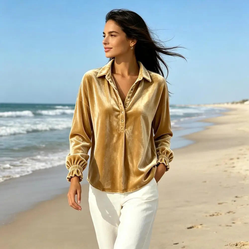 Fall Winter Women Velvet Shirt, Half Button-Up Long Sleeve Top for Lady,Collared Blouse with Ruffle Cuff Lightweight Top