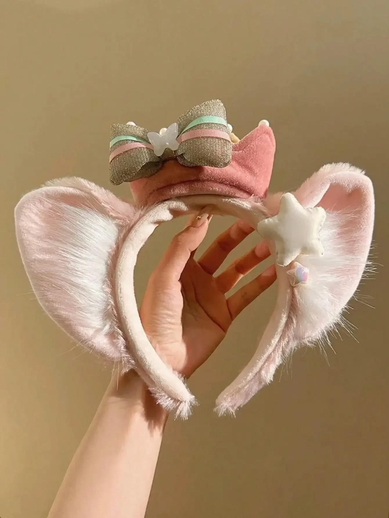 1pc Animal Ear Crown Bow Knot Musical Note Cartoon Fox Fantasy Celebration Face Mask Headband, Cute Casual Party Pink Dream Melody Pearl Top Knot Hair Hoop Plush Amusement Park Photo Prop Polyester, H