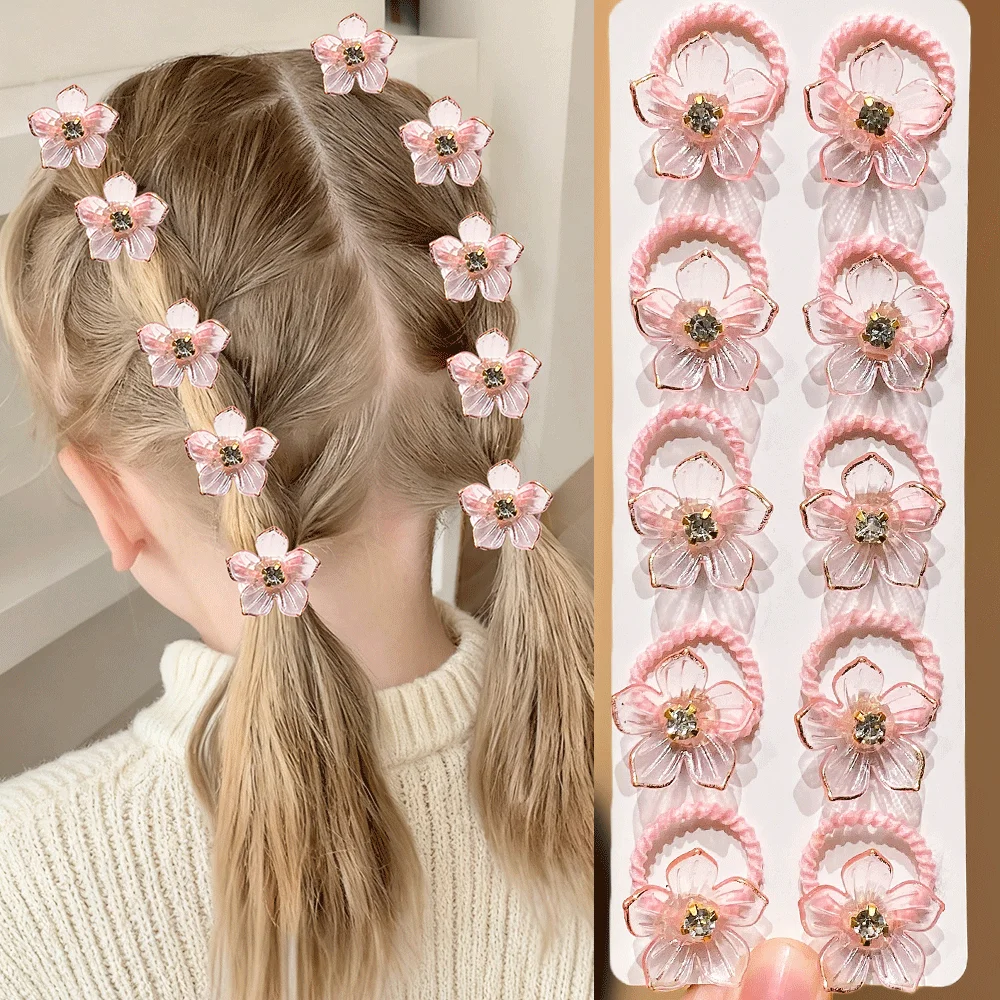 10pcs Girls Elastic Hair Bands with Rhinestone and Flower Decorations High Elasticity Durable Hair Ties for Outdoors and Braidin