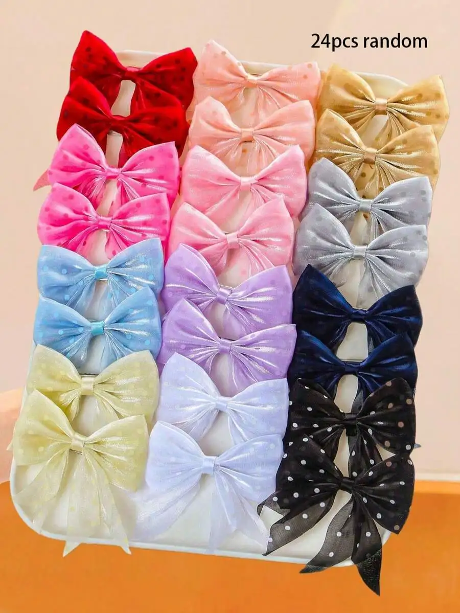 24pcs Random Velvet Bow Hair Clips For Women, Multi Colors With Polka Dots And Shimmer Finish