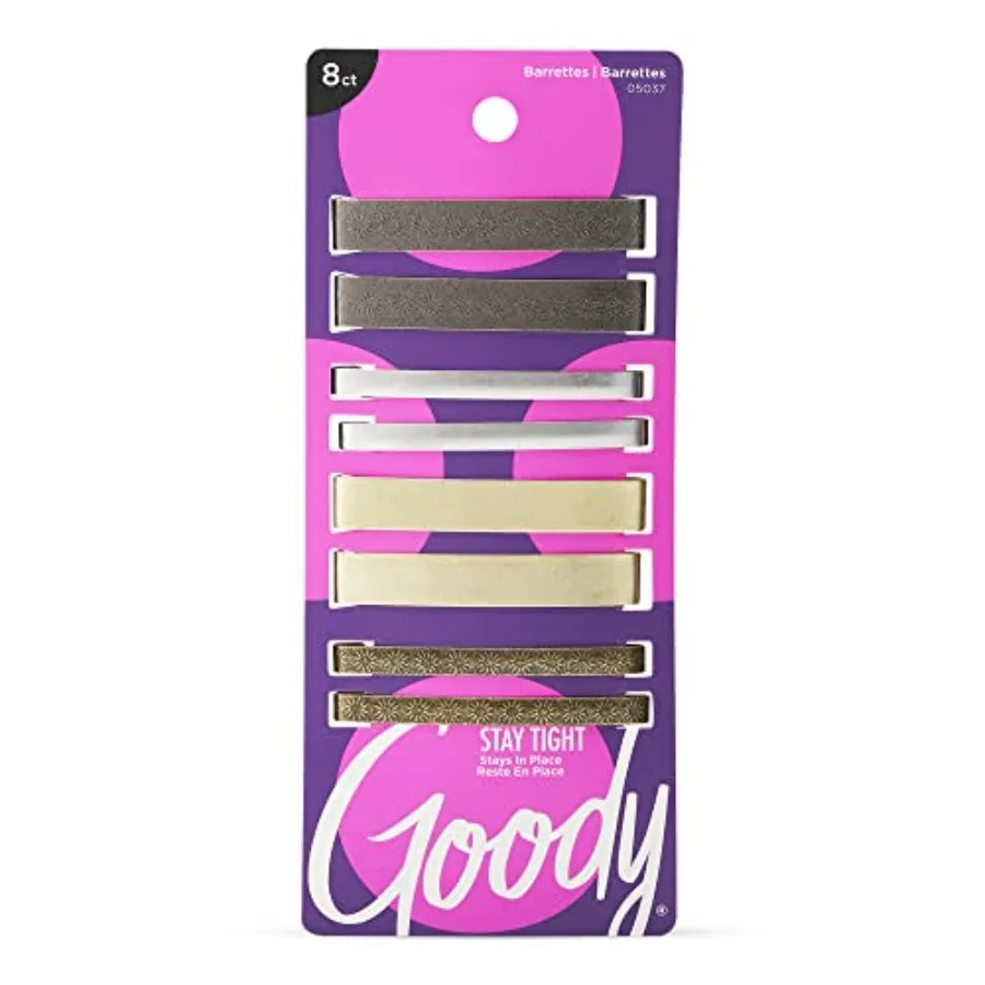 Goody Stay Tight Hair Barrettes - 8 Ct, Assorted Metallic Colors, n-Slip Flat Hair Clips, Comfortable and Versatile Hair Access