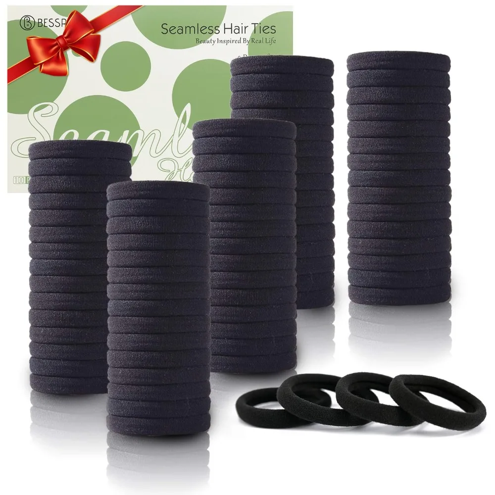 100PCS Black Hair Ties for Women Girls Seamless Thick Elastic Hair Bands No Damage Ponytail Holders for Daily Use