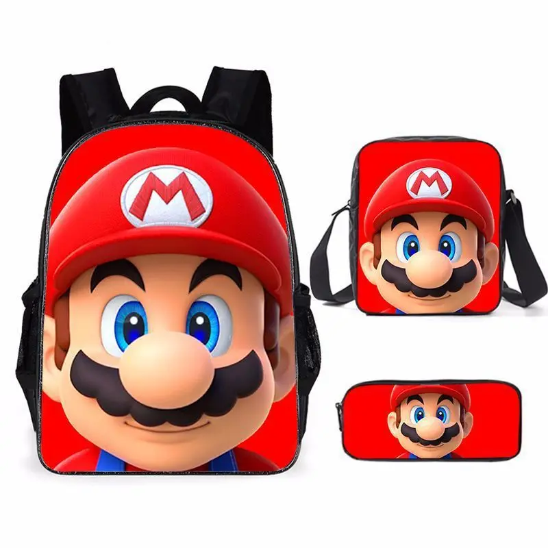 Cute Mario Backpack Set Water Resistant Oxford Zipper School Backpack Student Laptop Bag 16 Inch Cartoon Travel Backpack Gift