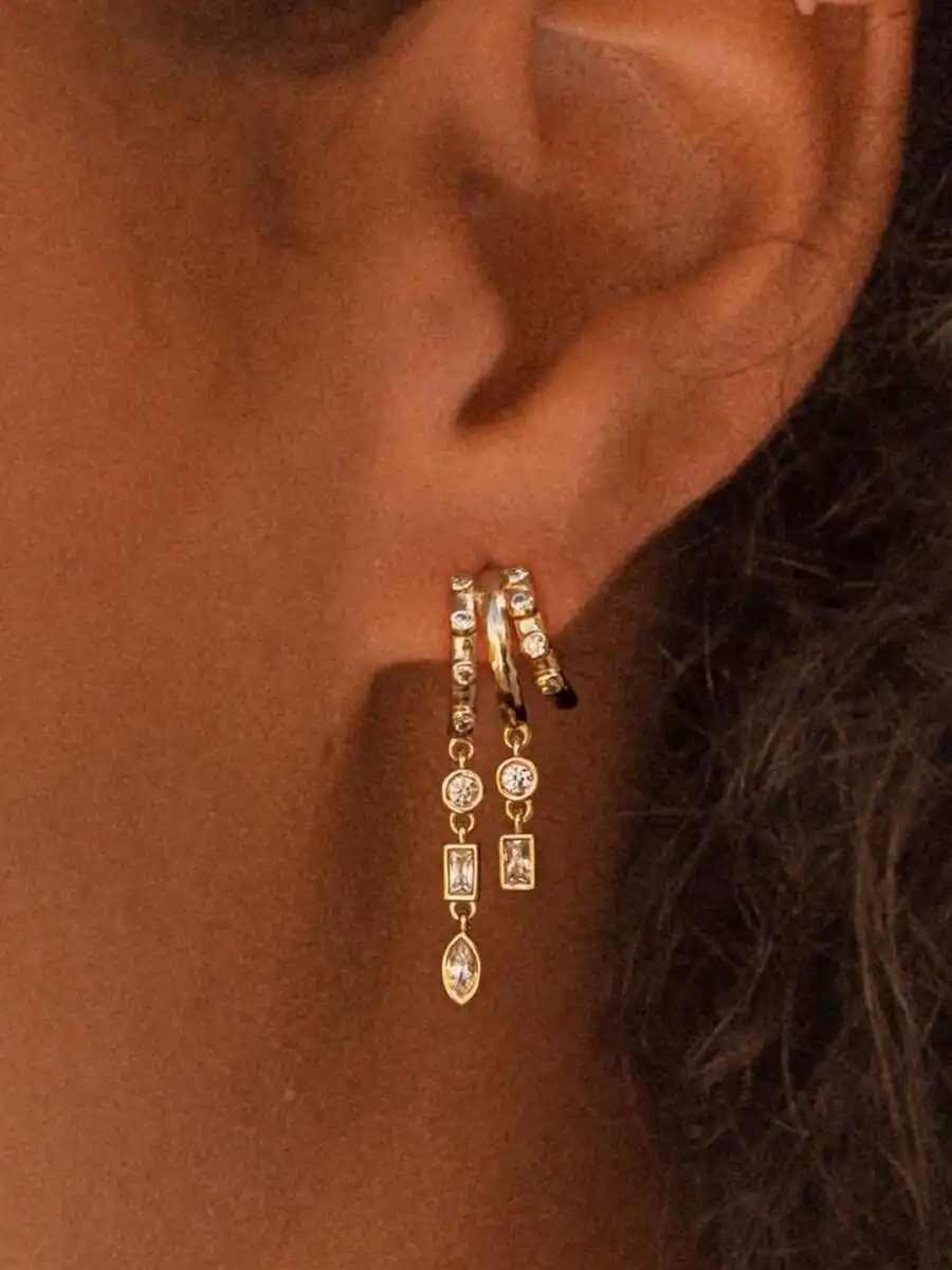 Circular Earrings For Women Delicate Dangling Chain Earrings Exaggerated Triple-Stud Long Earrings Multi-Layer 14K Gold Plated T