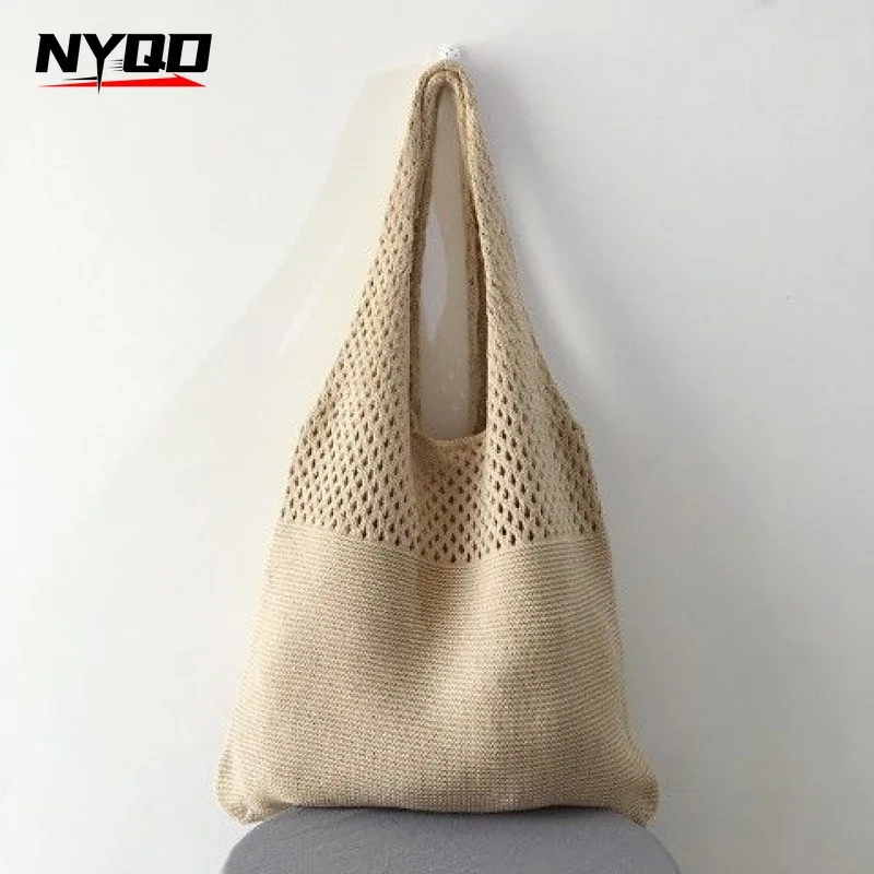 Vintage Yarn Knitted Bag for Women Crochet Handbag Women's Solid Color Hollow Top Handle Handbag Suitable for Vacation Beaches