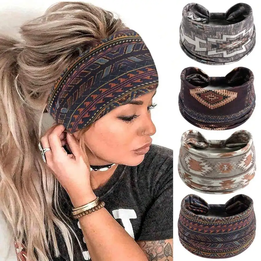 Bohemian Style Wide Headbands For Women Vintage Geometric Pattern Hair Accessories Non-Slip Yoga Fitness Headwraps