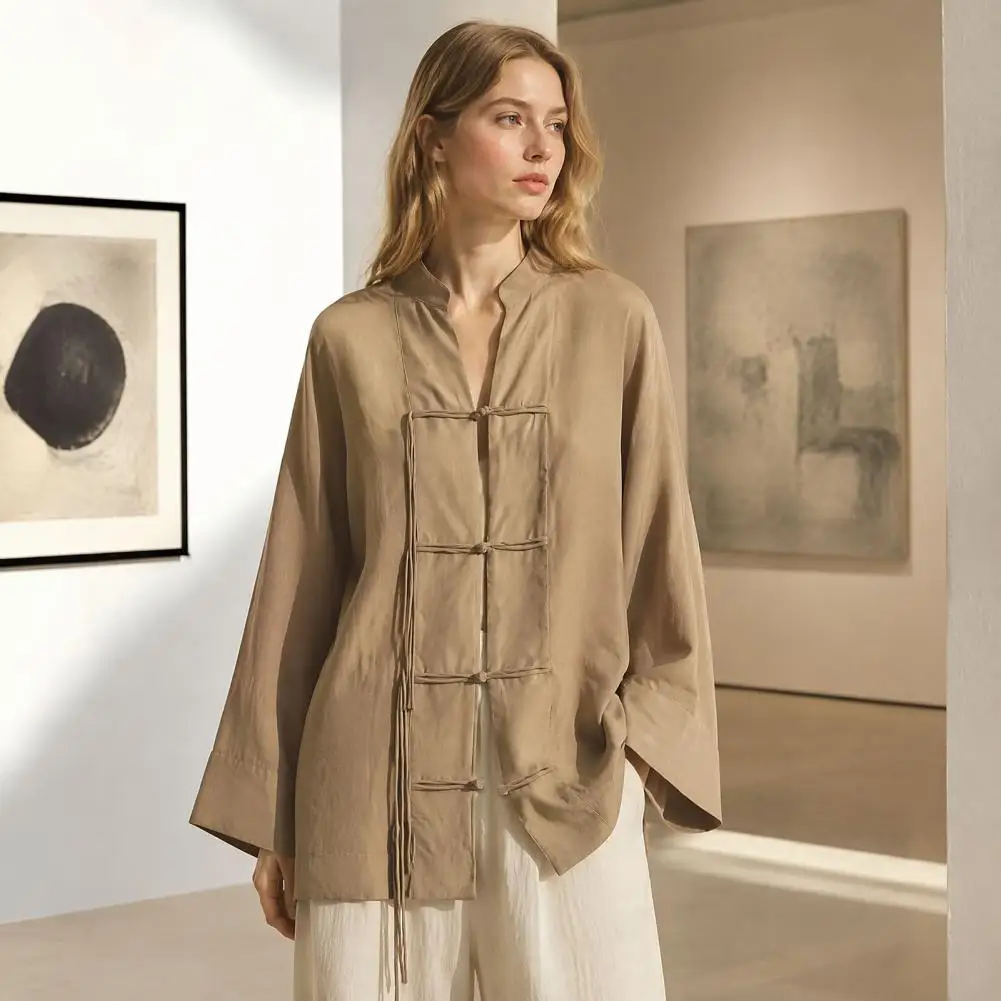 Women Stand Collar Shirt, Chinese Frog Button Blouse for Early Fall, Loose Solid Color Long Sleeve Top Durable Polyester