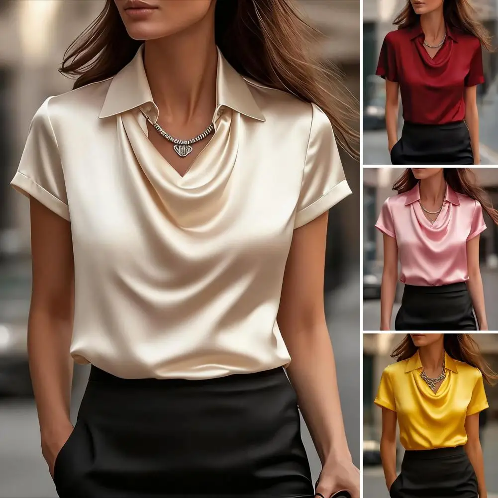 Casual Pure Color Summer Shirt Button down Short Sleeve Fashionable Professional Style Loose Fit Mid Length Simulation Silk