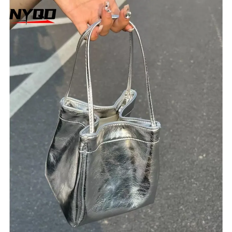 PU Leather Silver Mini Bucket Handbags Sparkling Glittery  Drawstring Design Multifunctional Crossbody Handbag for Ladies