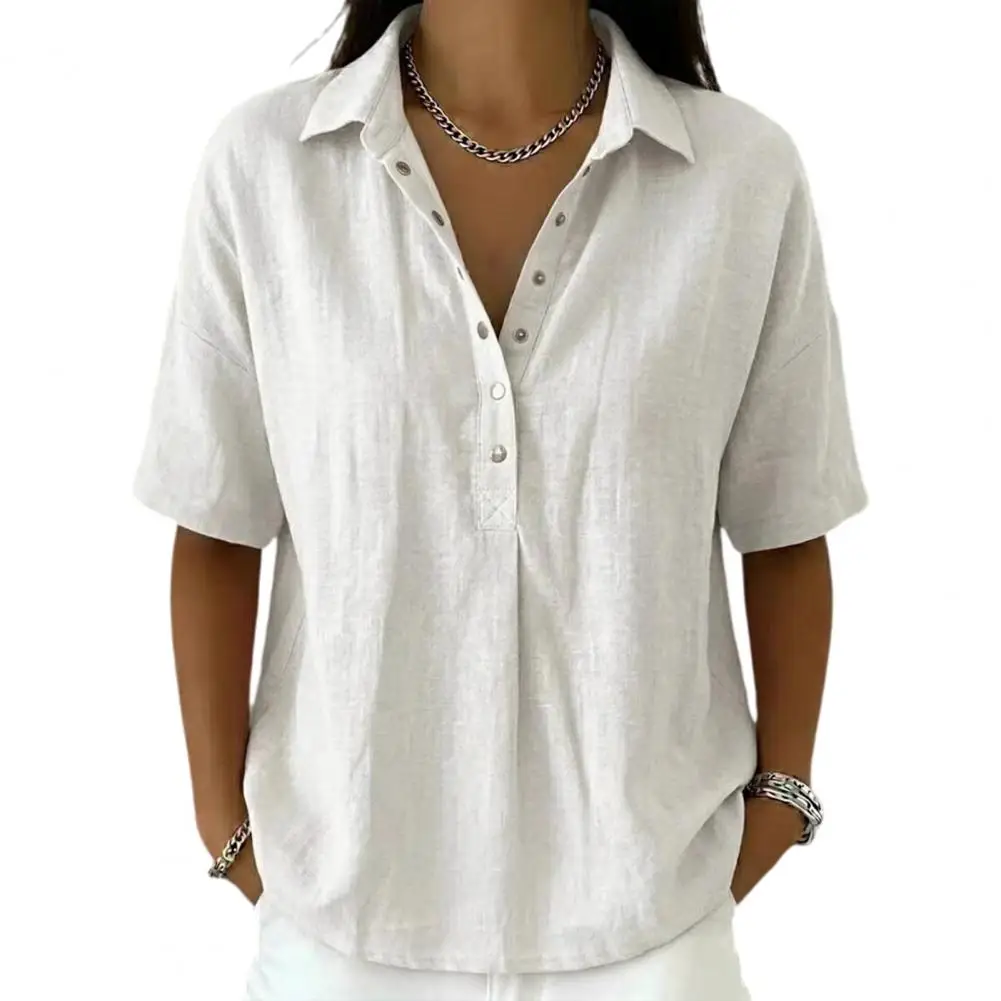 Solid Color Shirt Women European American Summer Loose Comfortable Collared Short Sleeved
