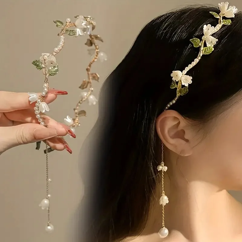 Lily of the Valley Pearl Headband Mori Fairy Style Hair Bands for Women Elegant Summer Hair Accessories Fashion Headgear Perfect for Daily Wear Vacation Photo Shoots and Casual Gatherings hair accesso