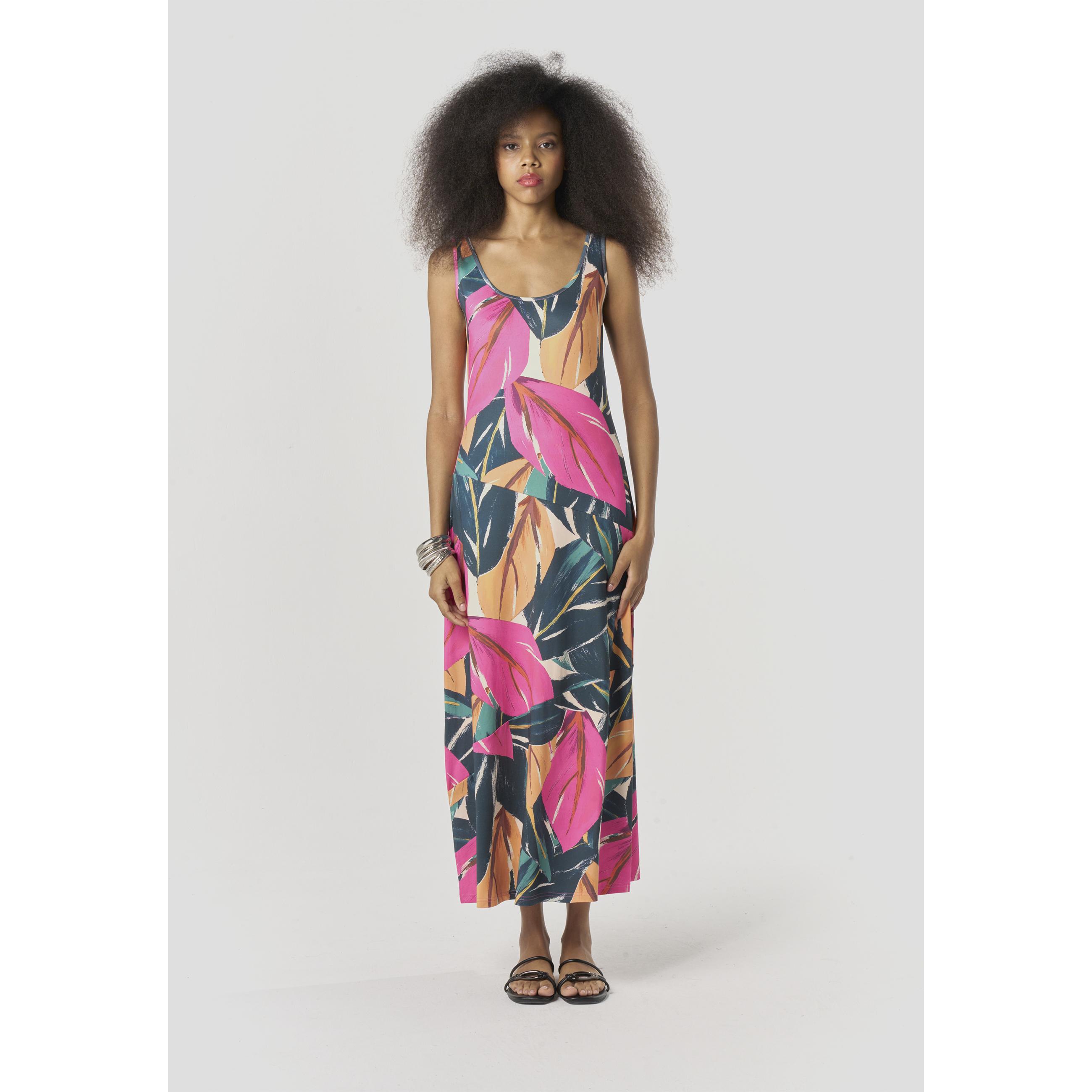 Koroshi - Vestido largo de mujer con estampado tropical multicolor de hojas en fucsia, verde y naranja sobre fondo marino, tirantes anchos y escote redondo – 95% poliéster, 5% elastano
