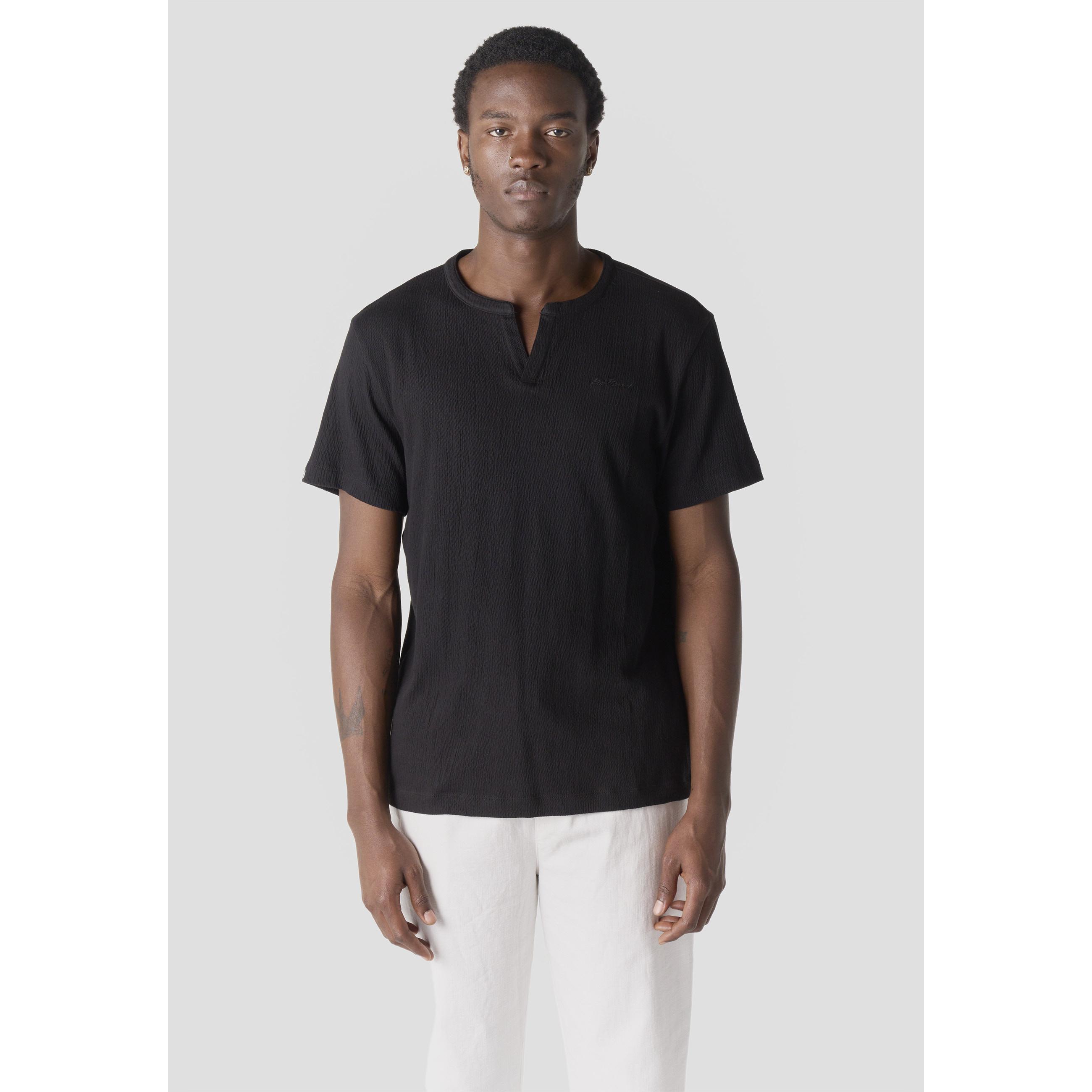 Koroshi - Camiseta hombre manga corta texturizada crepé con cuello redondo y abertura frontal para look smart-casual, 95% algodón y elastano