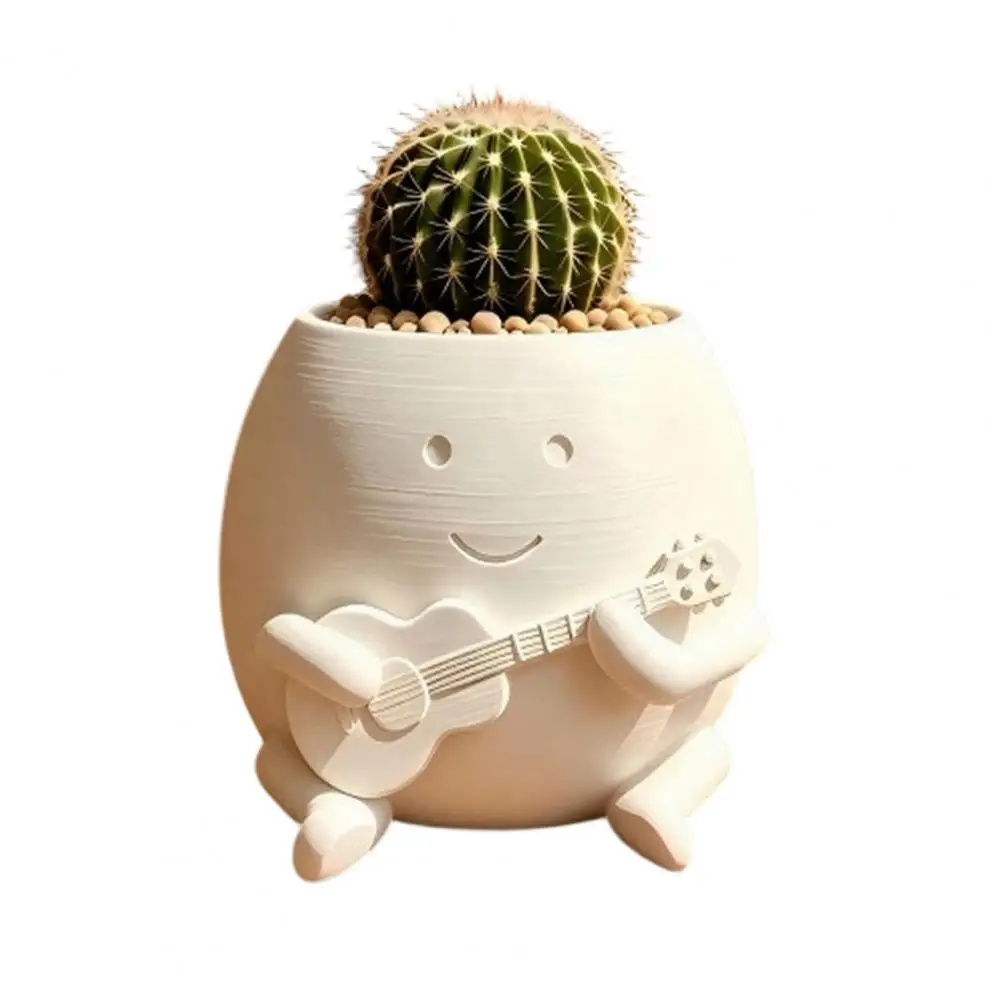 Multi-purpose Pen Holder Guitarist Big Head Planter Flower Pot Cute Smiling Face Holder Fun Guitar Player Desk for Cacti for S