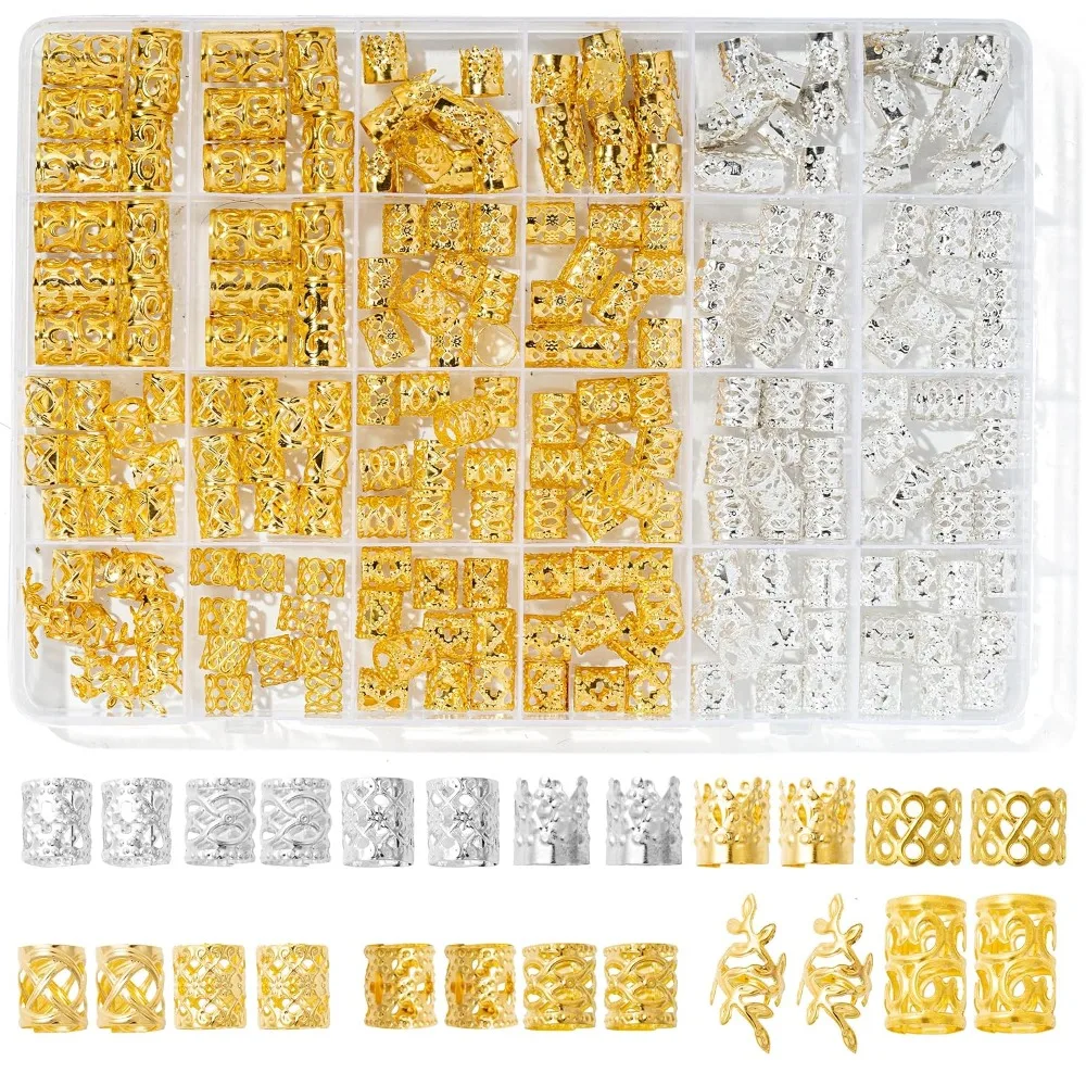 220 Pcs Dreadlock and Braid Accessories Kit with 12 Styles of Gold and Silver Hair Cuffs, Adjustable Metal Rings and Clips for Dreadlocks, Braids and Twists, Jewelry Decorations for Women and Men, Shi