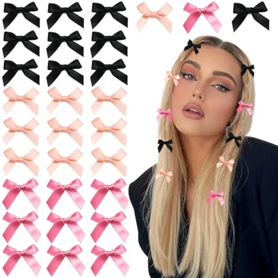 30PCS Bow Hair Clips 3 Colors Mini Hair Bows Kawaii Hair Ribbon Clips Satin Bow Hair Accessories for Women Girls