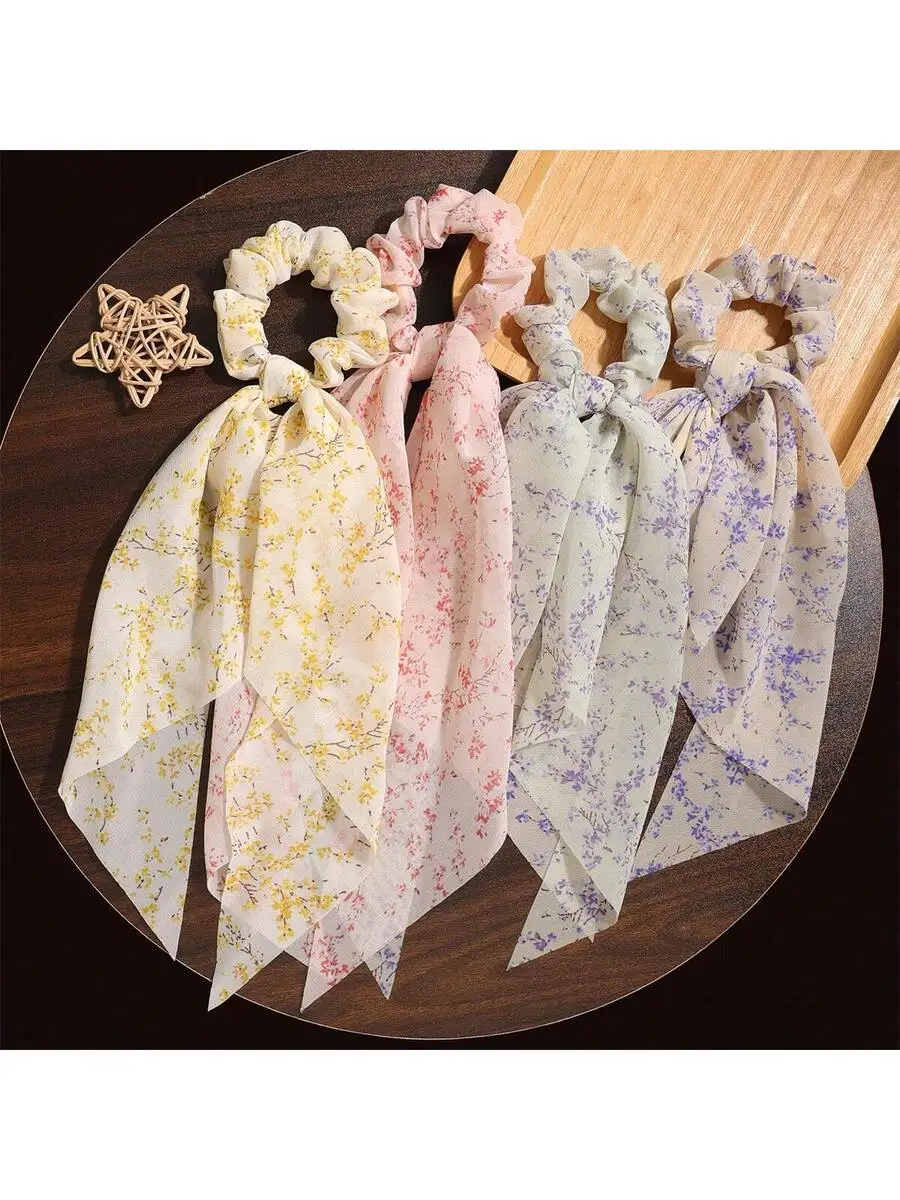 4pcs/Set Ditsy Floral Triangular Scarf, Long Streamer Hair Scrunchie Hair Scrunchies Hair Accessories For Daily Wear &