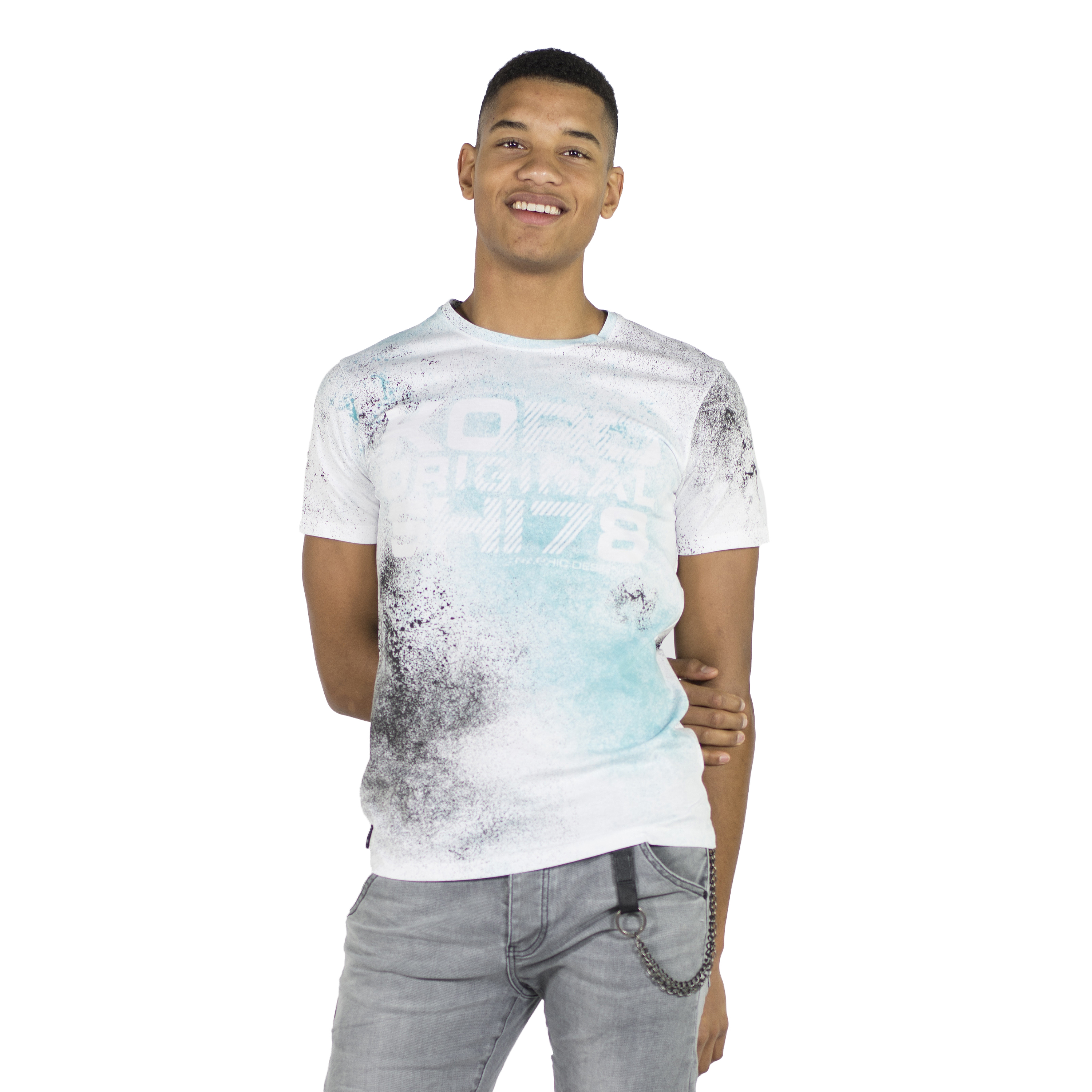 Koroshi - Camiseta hombre manga corta estampado all over en algodón 100%, efecto desgastado y tipografía frontal, turquesa fucsia ocre