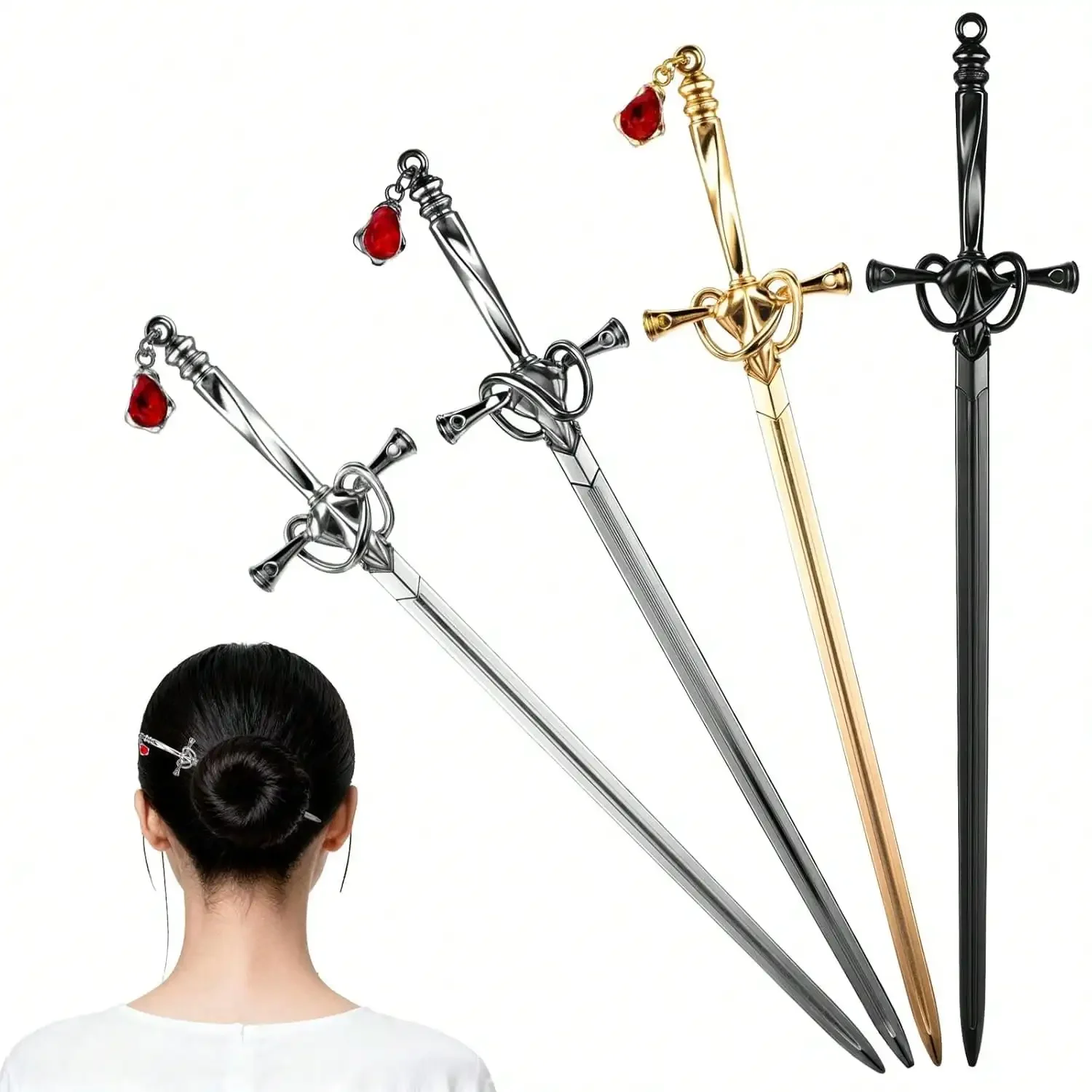 4PCS Ancient Style Sword Hair Chopsticks, Ancient Style Sword Hair Pin, Retro Metal Hair-Sticks,-Hair-Sticks Women (Silver, Gold, Black, Matte Black)
