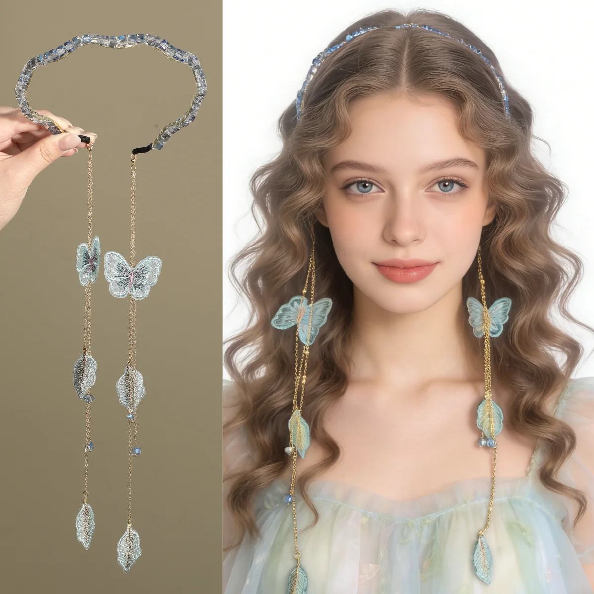 1pc Long Tassel Hair Hoop Fairy Hair Jewelry Simulated Butterfly Leaf Headband Hairband For Women Girl Vintage Wedding Headdress hair accessories diademas headband hair accessories